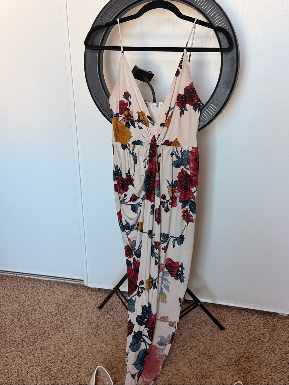 A3 Design cream floral dress with navy and mustard print